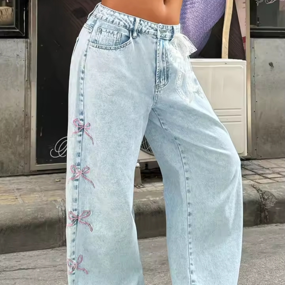Women Straight-Leg Denim Pants With Side Bow TrimSimple Street Style Casual Fas - Picture 6 of 7